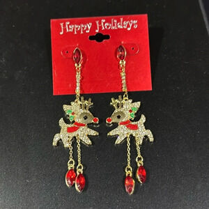 Reindeer Earrings, Christmas,  Gold rhinestone drop